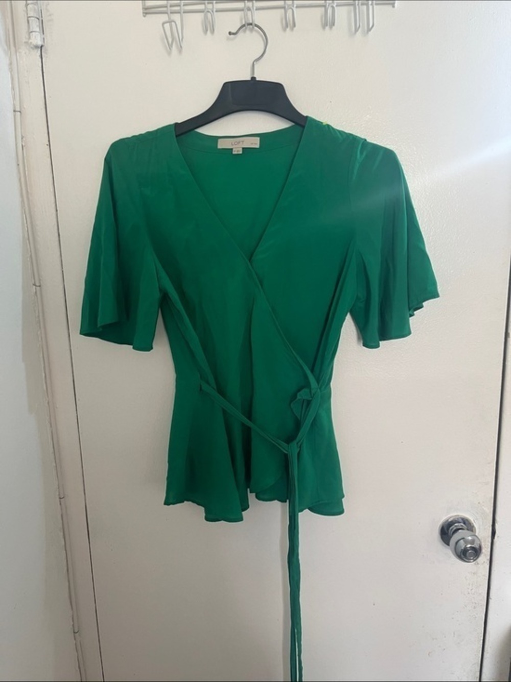 LOFT Emerald Green Wrap Blouse with Flutter Sleeves - Picture 1 of 4